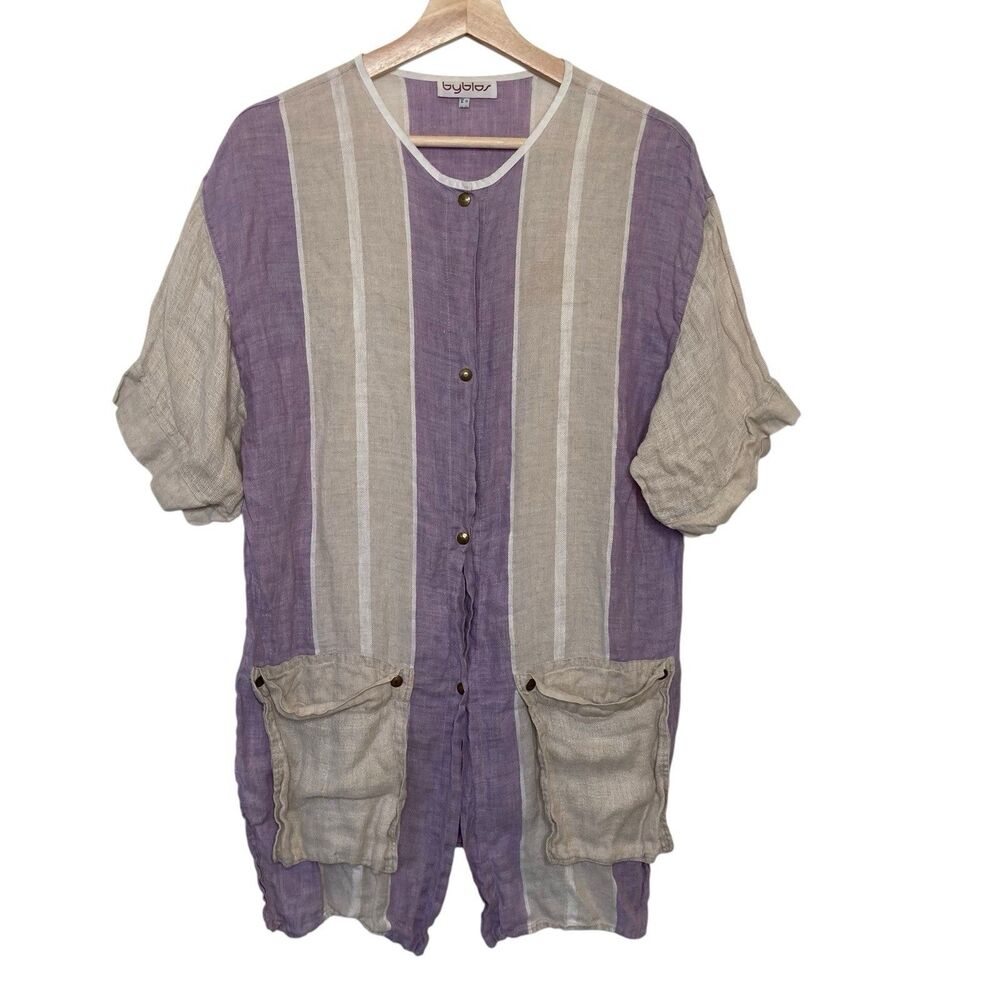 Byblos Woman Shirt Size Small Purple Off White Linen Chemise Blouse Pockets
